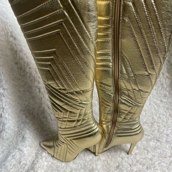 Liliana Metallic Gold Quilted Patterned Stitch Pointy Toe Stiletto Boots SZ 6.5 - Picture 9 of 16